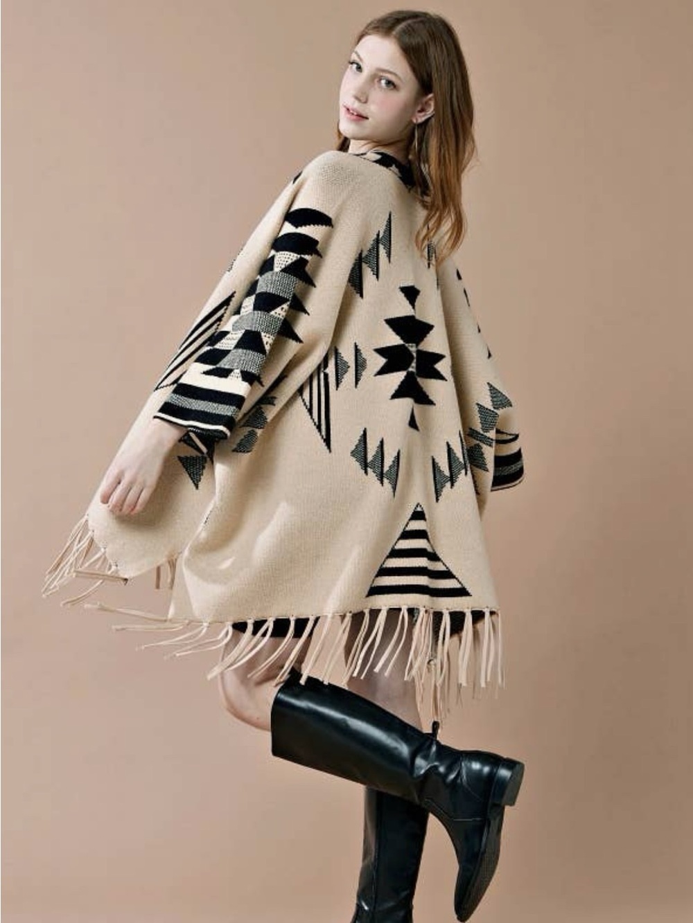 444.Beige & Black Aztec Fringe Open-Front Poncho Sweater - Picture 3 of 3